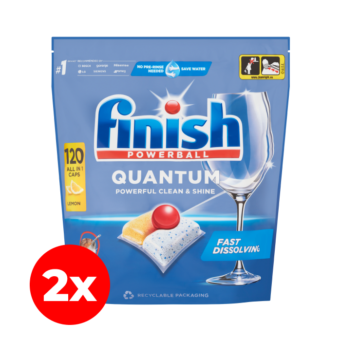 Citrom illatú Finish Powerball Quantum All-in-One mosogatógép-kapszula, 2x120 db